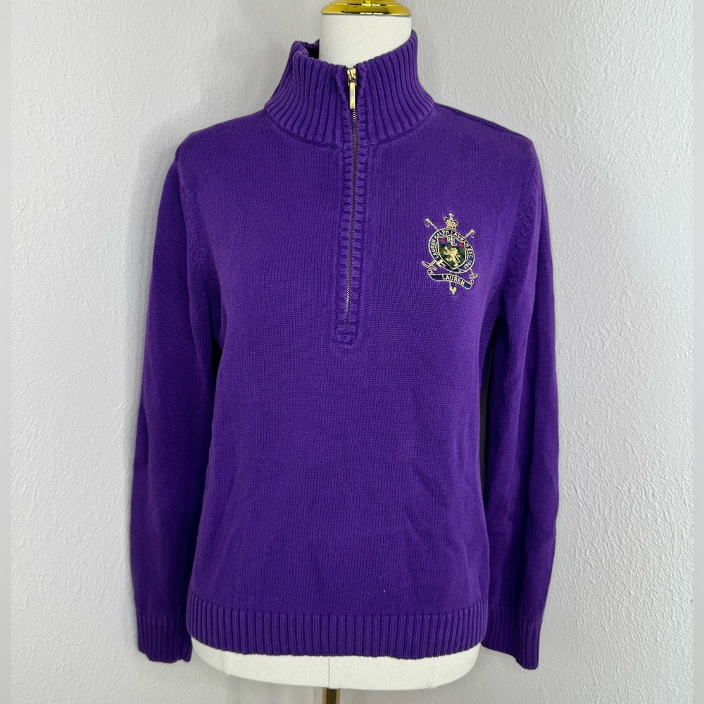 LRL Ralph Lauren Vintage Sweater Crest Mock Neck Half zip 100% cotton Purple